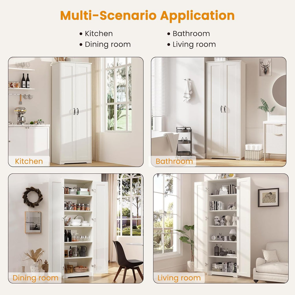 White Tall Storage Pantry Cabinet with 2 Doors and 6 Adjustable Shelves Y33415