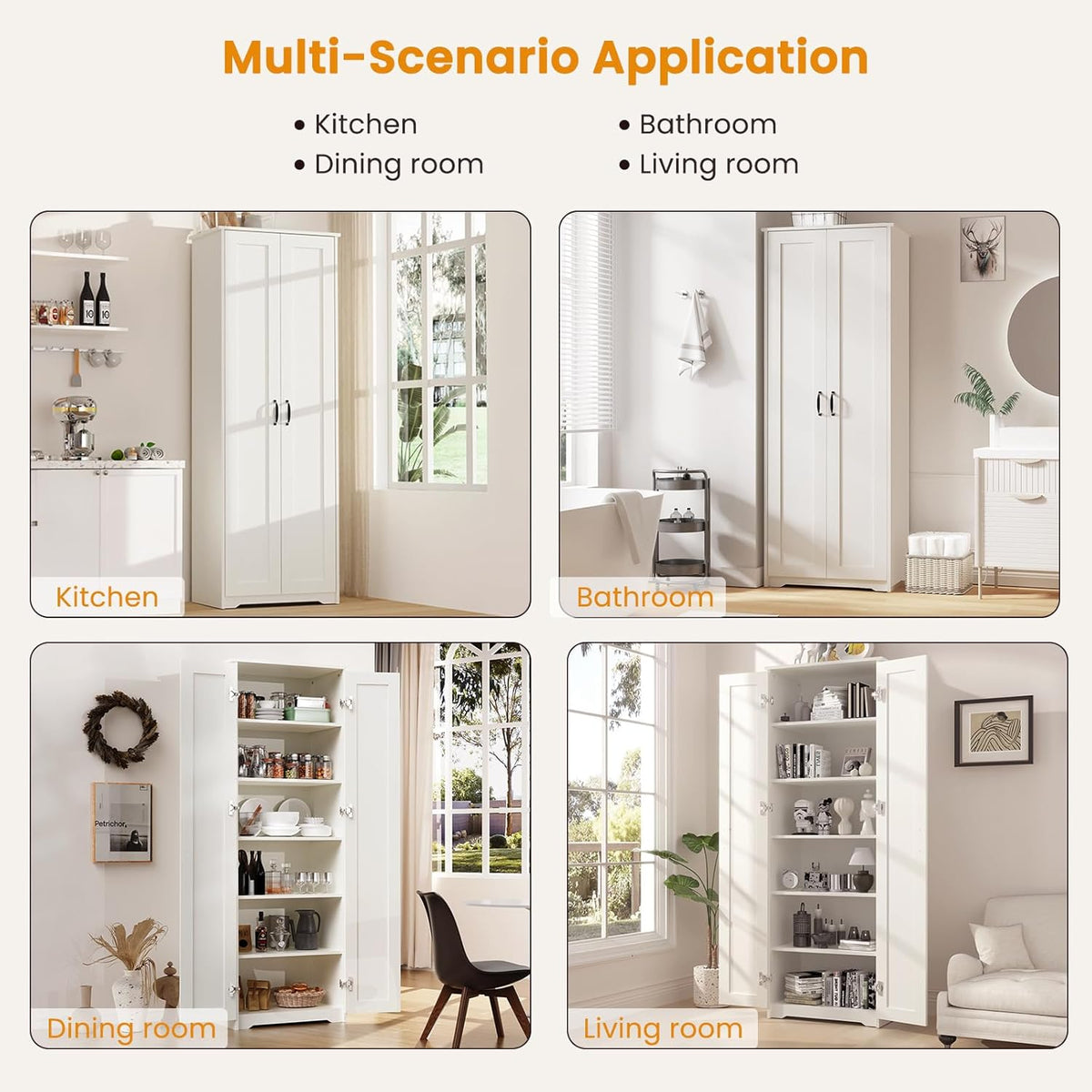 White Tall Storage Pantry Cabinet with 2 Doors and 6 Adjustable Shelves Y33415