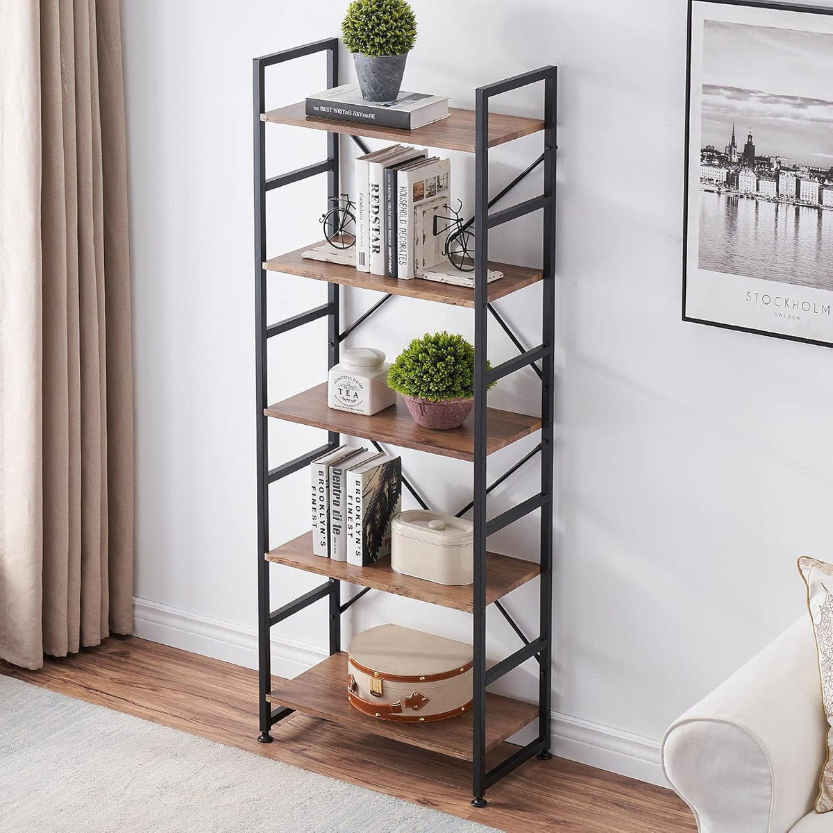 Industrial 5 Tier Wood Bookshelf with Metal Frame V6393