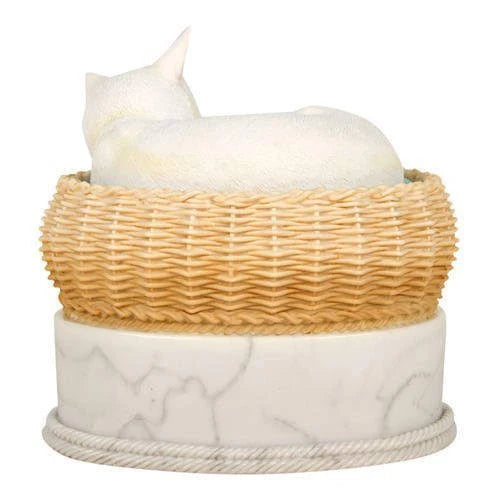 Hand Painted White Cat in Basket Cremation Urn W284