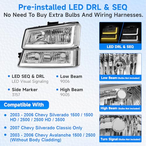 Headlight Assembly with LED DRL Sequential Turn Light Chrome Housing Clear Reflector X743