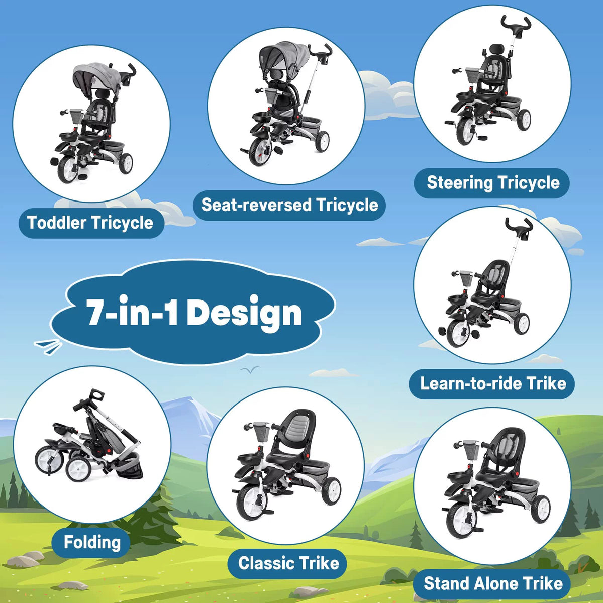 Folding Toddler Tricycle with Adjustable Push Handle, Harness, Canopy and Storage J804741
