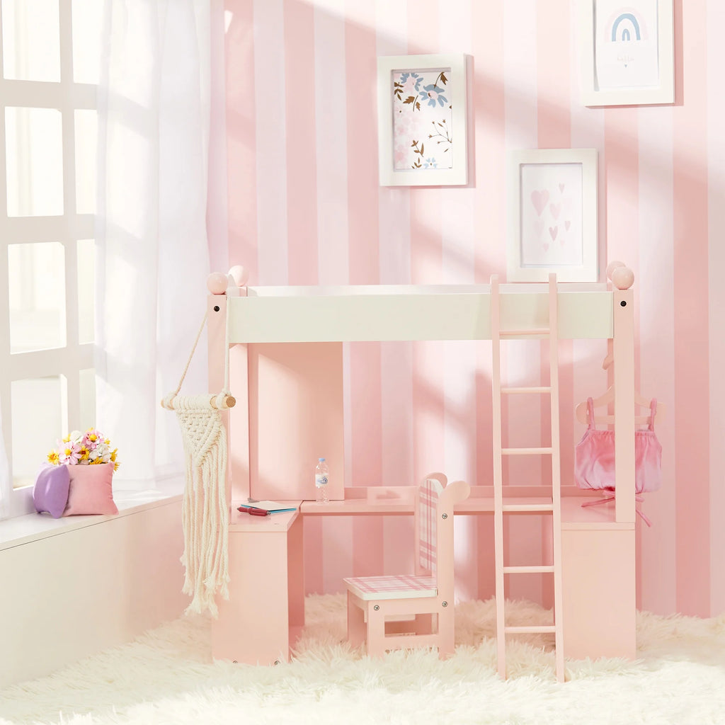 Pink Loft Bed, Desk, Chair, & Accessories for 18" Dolls O646