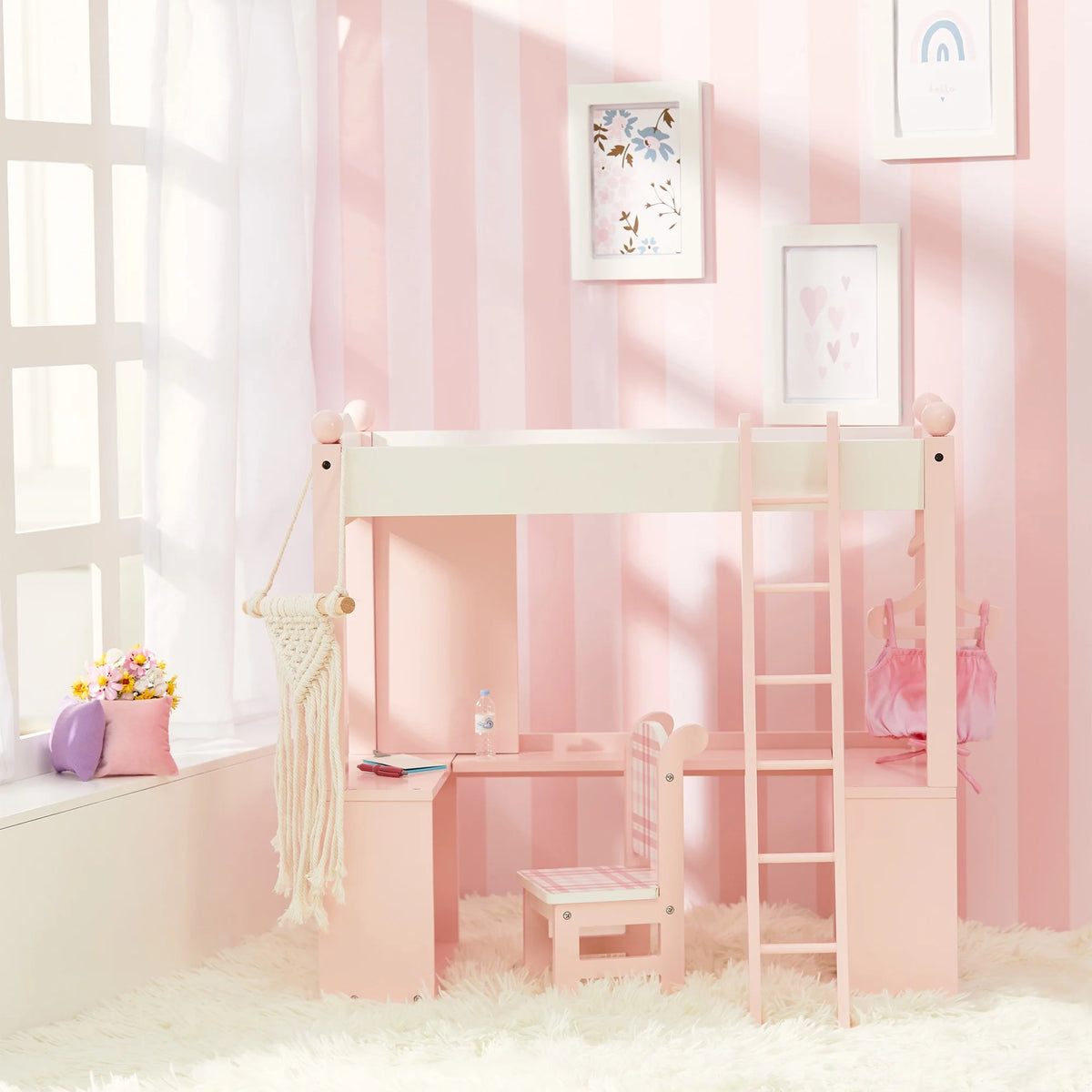 Pink Loft Bed, Desk, Chair, & Accessories for 18" Dolls O646