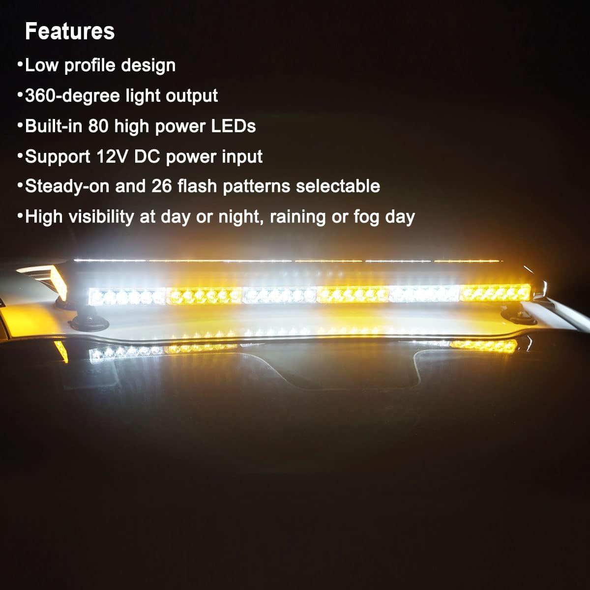 80 LED Amber White Emergency Strobe Light Bar with Strong Magnetic Double Side J690019