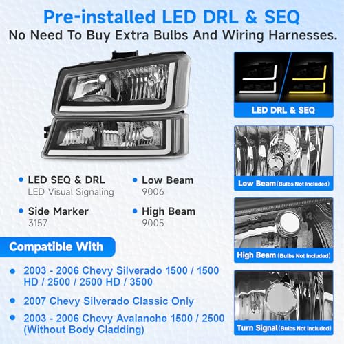 Headlight Assembly with LED DRL Sequential Turn Light Chrome Housing Clear Reflector X743