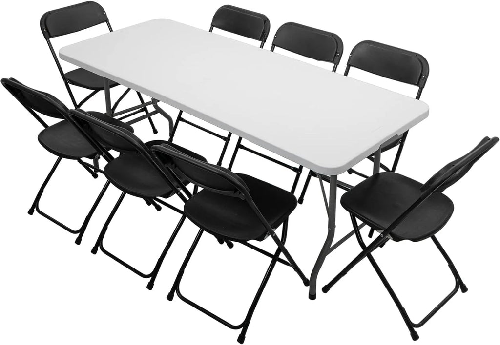 6 FT Plastic Folding Table with 8 Black Folding Chairs B3260