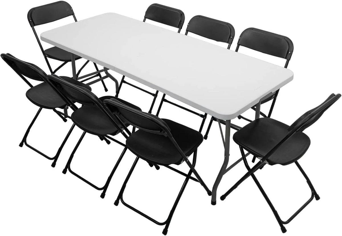 6 FT Plastic Folding Table with 8 Black Folding Chairs B3260