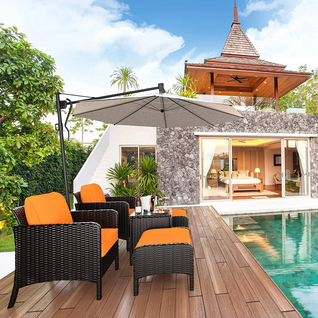 5 Pieces PE Rattan Wicker Outdoor Cushioned Lounge Chairs Set with Ottomans and Glass Table R984