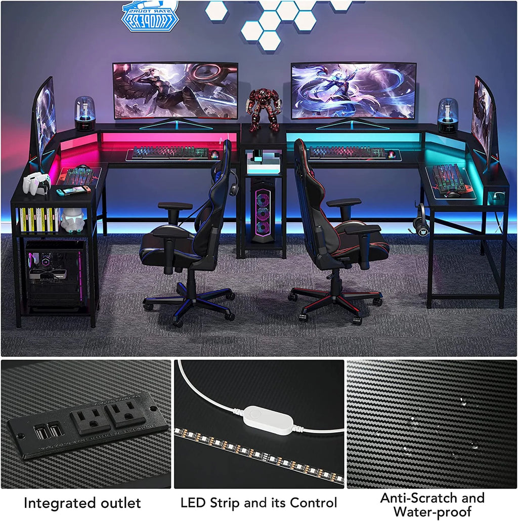 Black L-Shaped Gaming Desk with LED Strips U67622