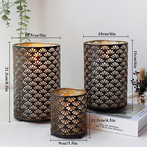 Set of 3 Metal Candle Holders Bronze Hurricane Pillar Candleholder H38403