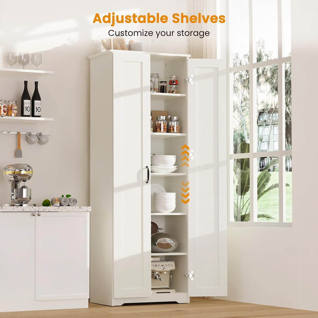 White Tall Storage Pantry Cabinet with 2 Doors and 6 Adjustable Shelves Y33415