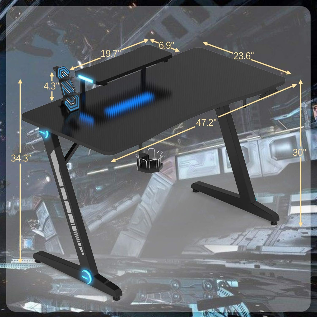 Z-Shaped Gaming Desk with Monitor Stand & Carbon Fiber Surface D1306
