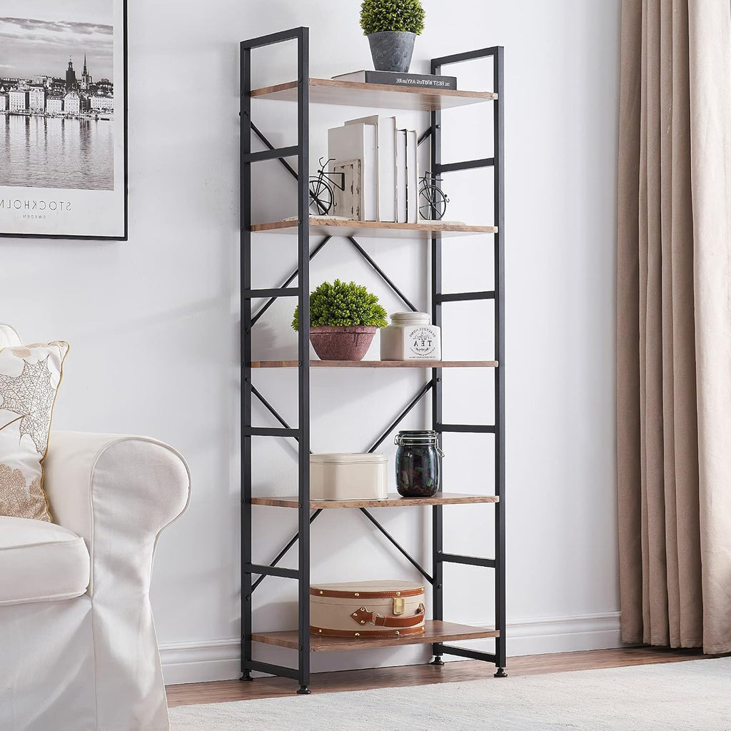 Industrial 5 Tier Wood Bookshelf with Metal Frame V6393