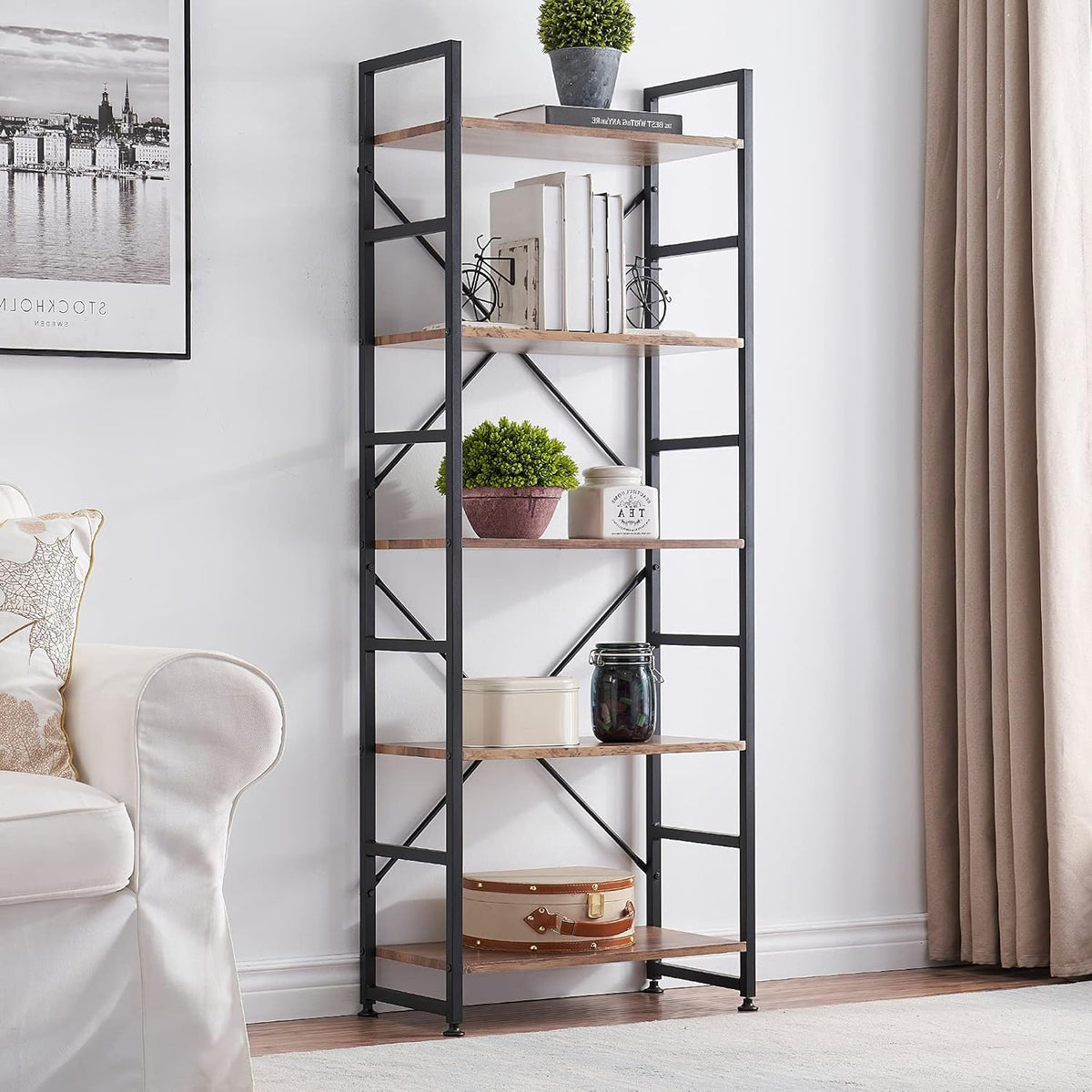 Industrial 5 Tier Wood Bookshelf with Metal Frame V6393