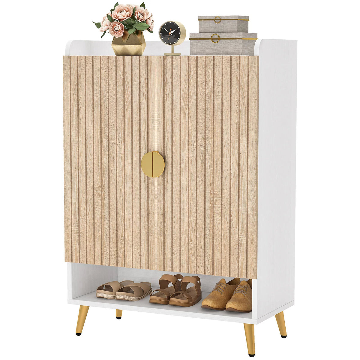 White Wood Grain 7 Tier Shoe Cabinet with Doors Z723