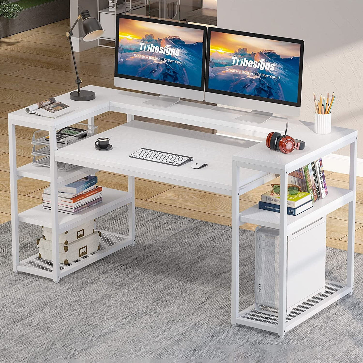 63 inch Brown Computer Desk with Storage Shelves V28972