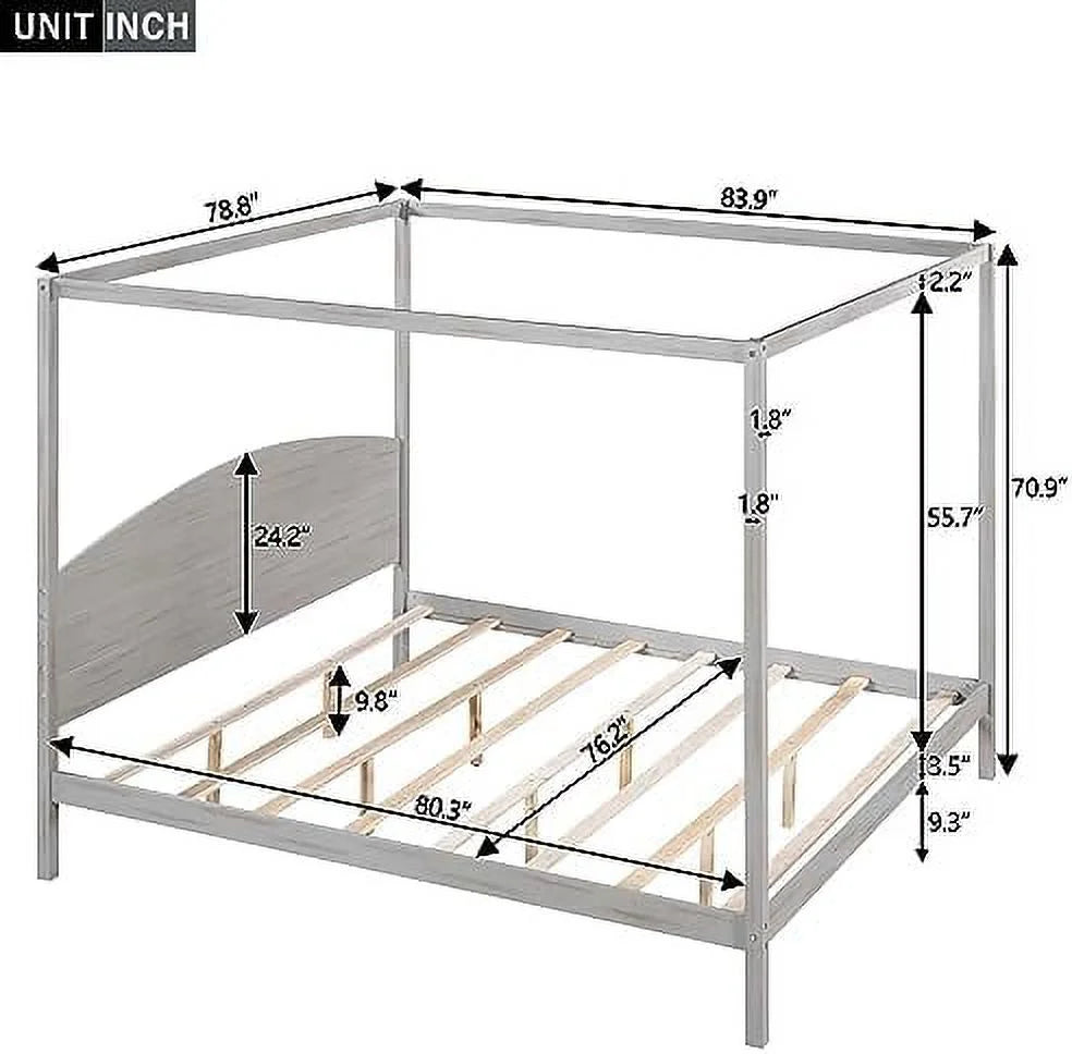 White Queen Size 4-Poster Wood Canopy Bed Frame with Headboard M7837