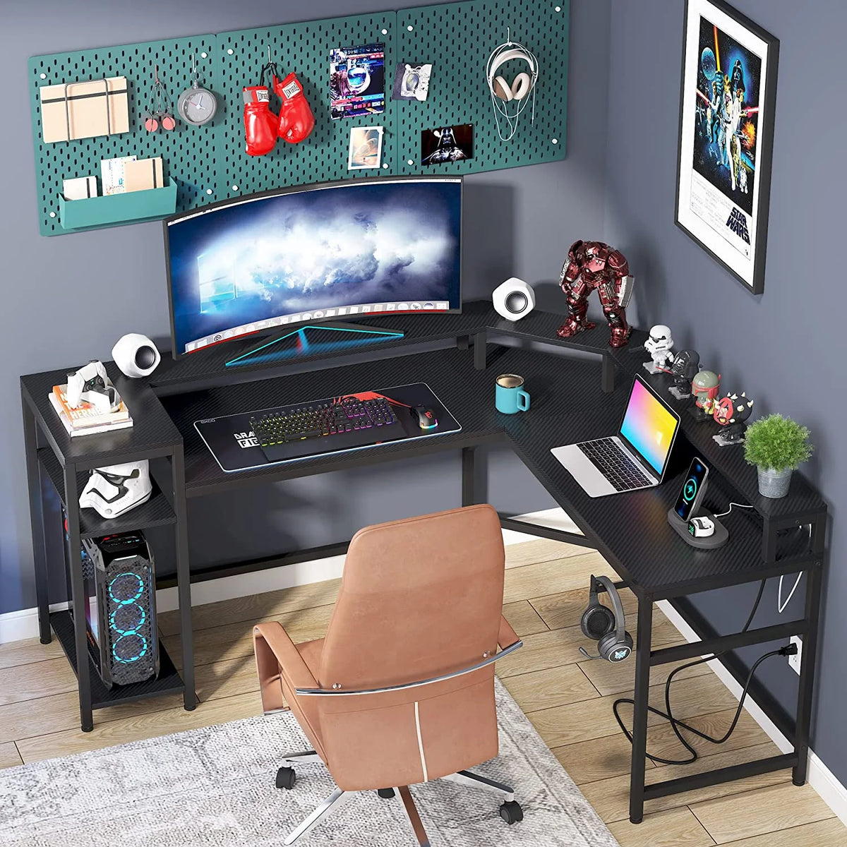 Black L-Shaped Gaming Desk with LED Strips U67622