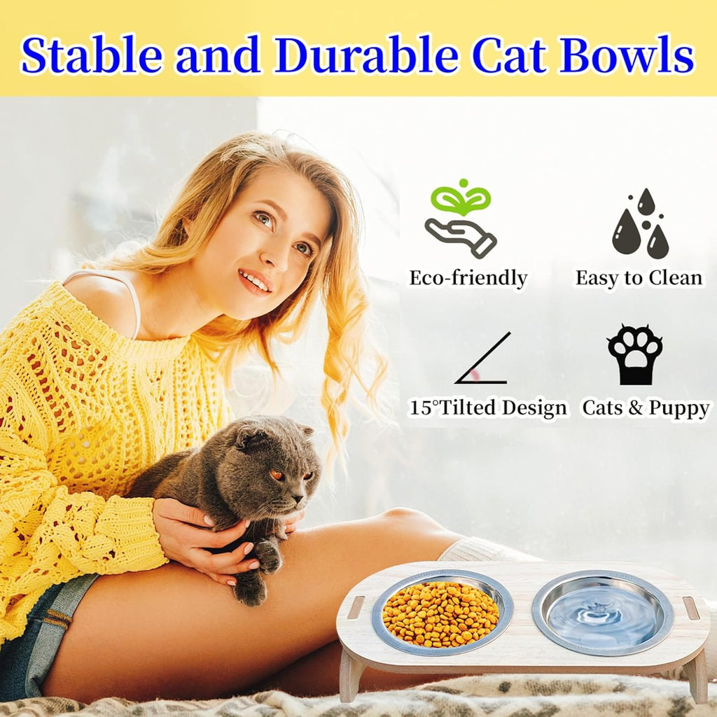15° Tilted Raised Stainless Steel Cat Bowls with Wood Stand T627