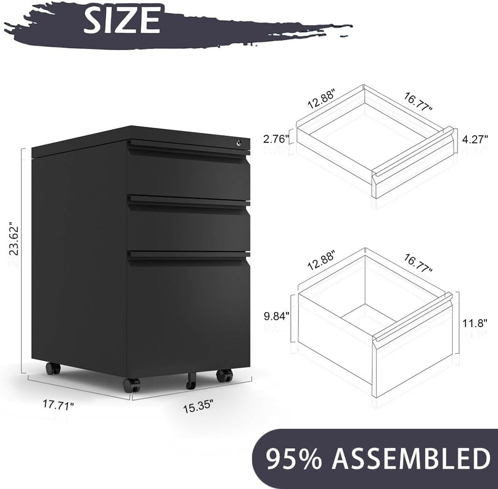 Black Steel 3-Drawer Rolling File Cabinet A792311