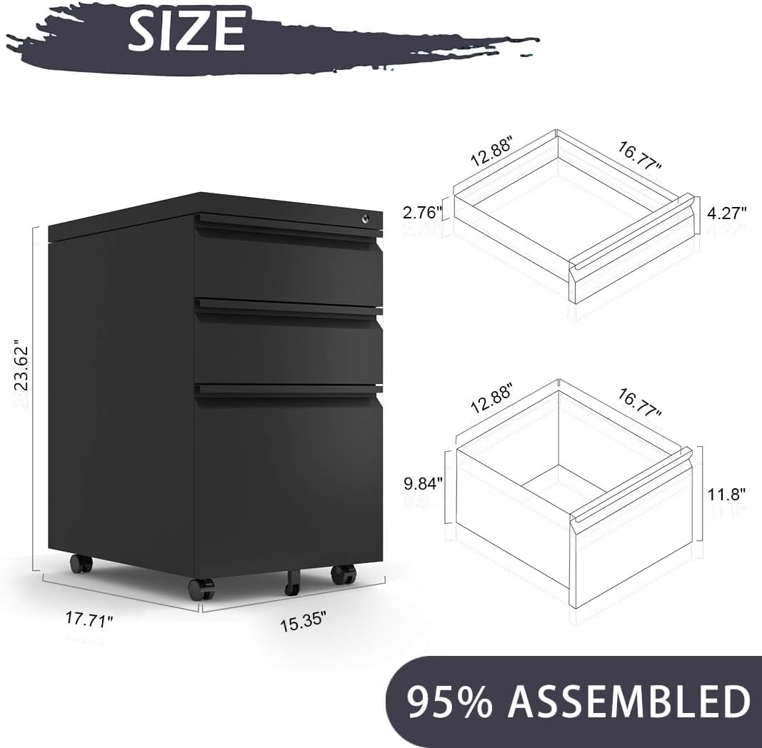 Black Steel 3-Drawer Rolling File Cabinet A792311
