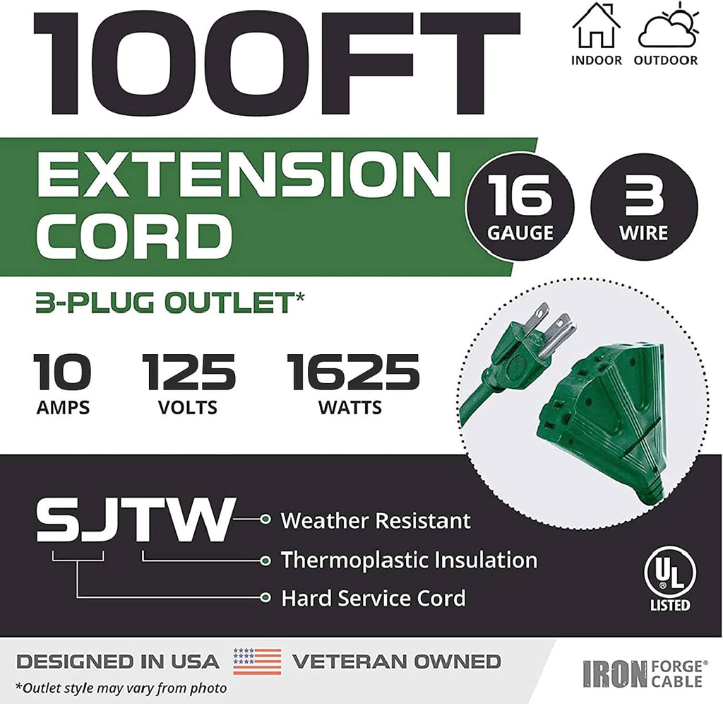 100 Ft Outdoor Extension Cord with 3 Outlets H9365