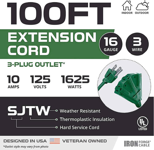 100 Ft Outdoor Extension Cord with 3 Outlets H9365