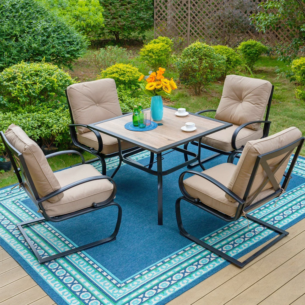 5-Piece Outdoor Dining Set with Black Steel Frame and Beige Cushion O713501