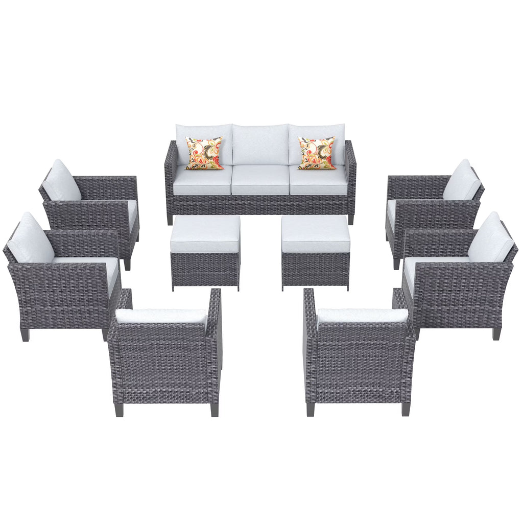 9 Piece Gray Wicker Patio Conversation Chair Set with Cushions D2051