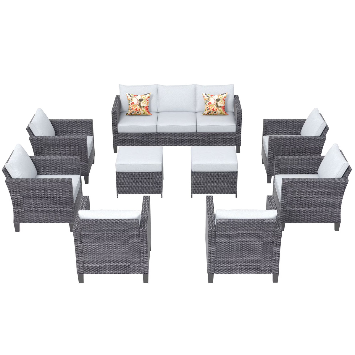 9 Piece Gray Wicker Patio Conversation Chair Set with Cushions D2051