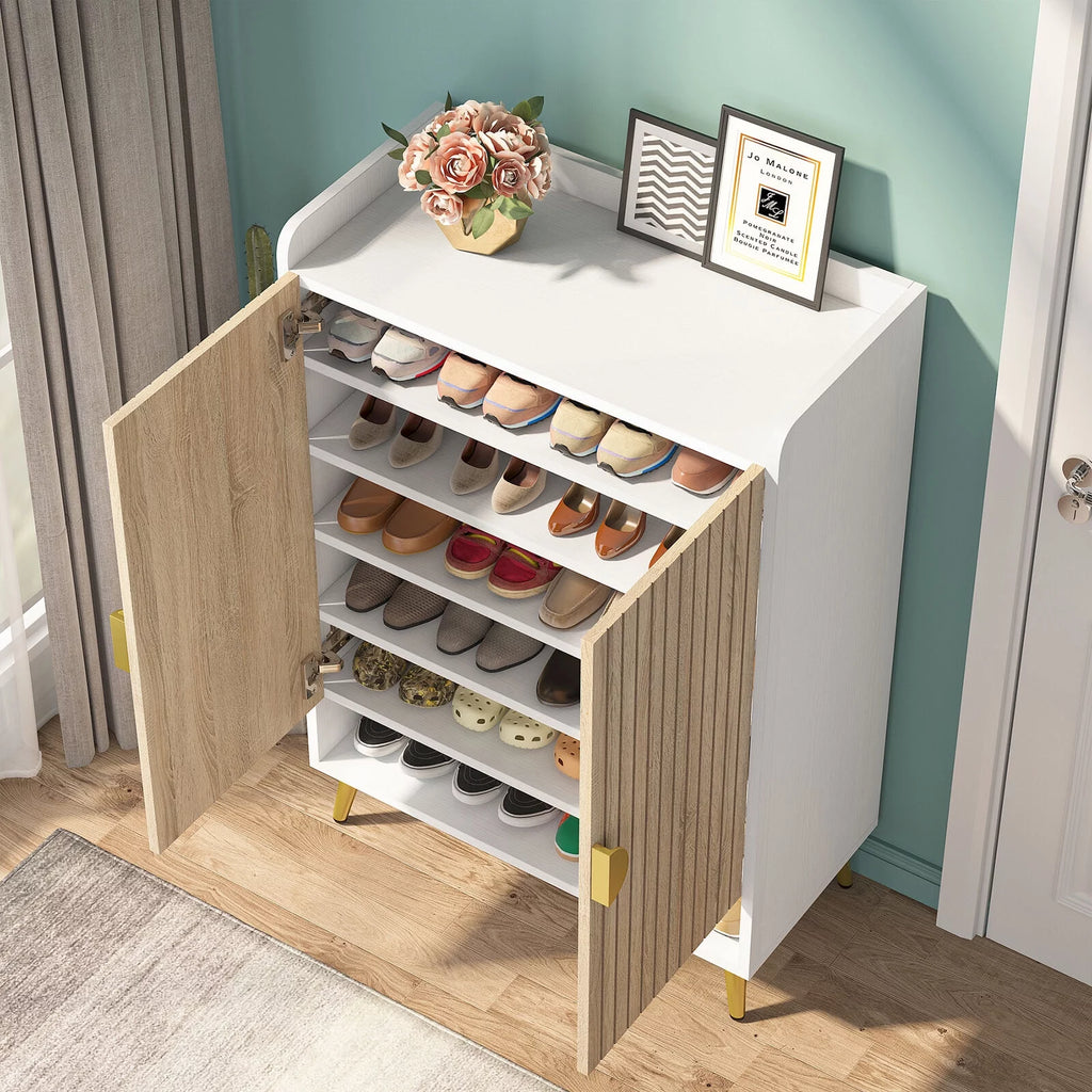 White Wood Grain 7 Tier Shoe Cabinet with Doors Z723