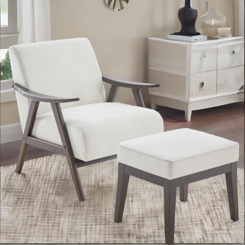Beige Upholstered Accent Chair with Ottoman and Solid Wood Frame C6776