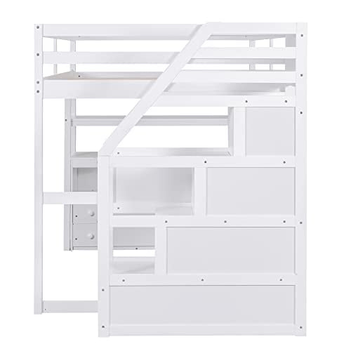 White Solid Wood Twin Loft Bed with Stairs and Desk P9140
