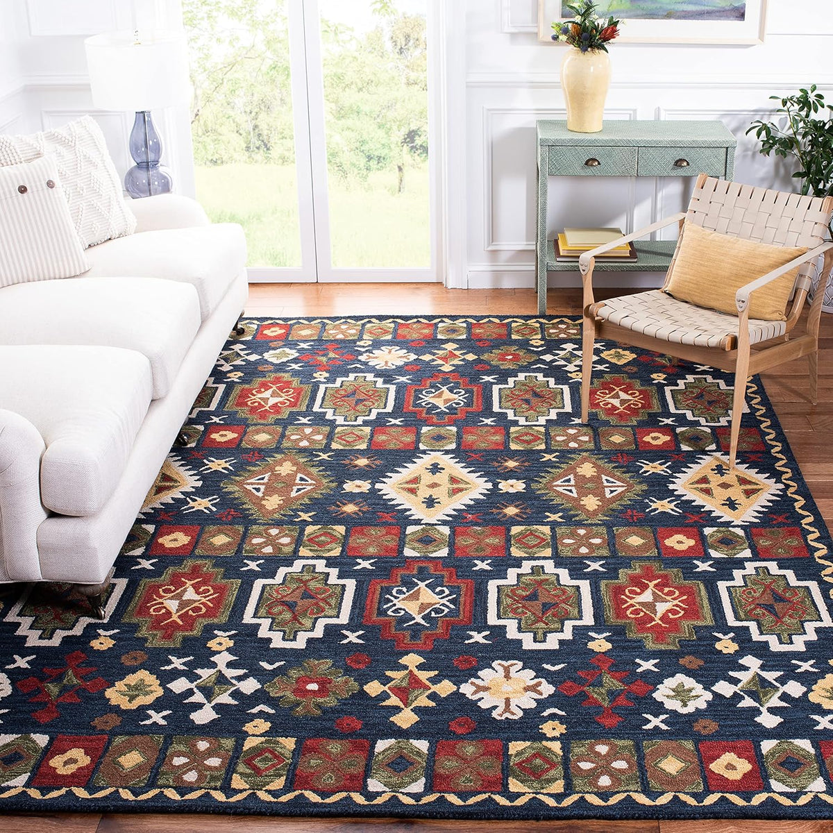 6' Square Navy Red Handmade Traditional Wool Area Rug C903942