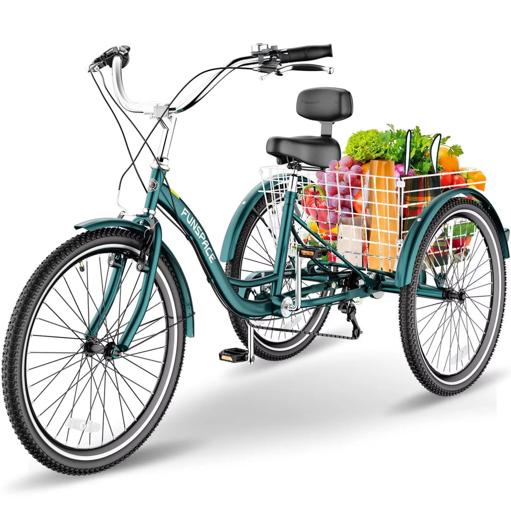7 Speed 26 inch Three Wheel Bike Cruiser Trike with Low-Step Through Frame Large Basket Dark Green Q3654