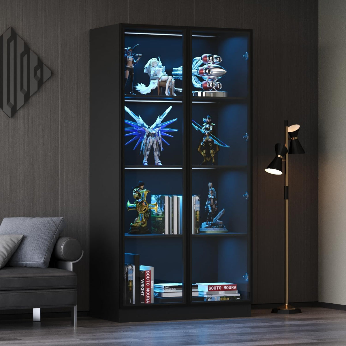 Black 4-Tier Display Cabinet with Glass Doors & Lights E73526