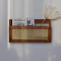 Wall Wood Magazine Rack with PE Rattan Grid, Size 17.3" x 4" x 9.4", Brown R3801