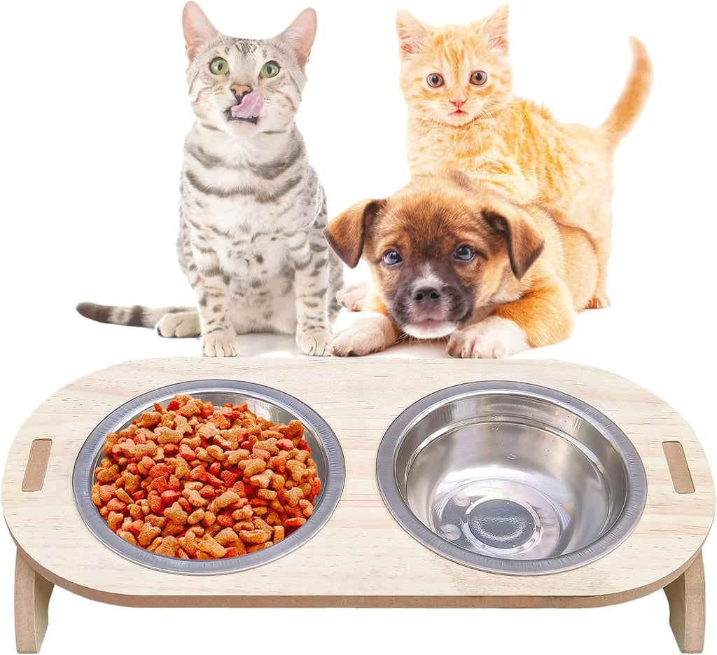 15° Tilted Raised Stainless Steel Cat Bowls with Wood Stand T627