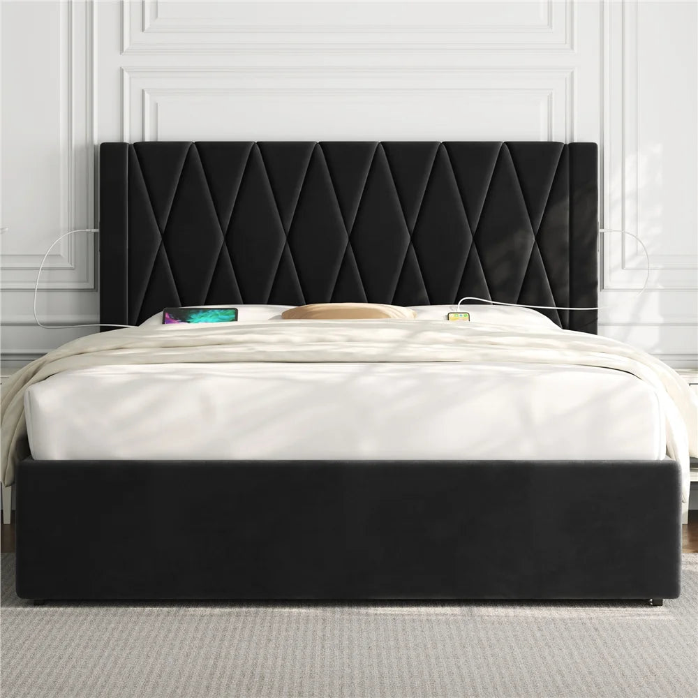Black Full Upholstered Bed with 4 Storage Drawers H9356