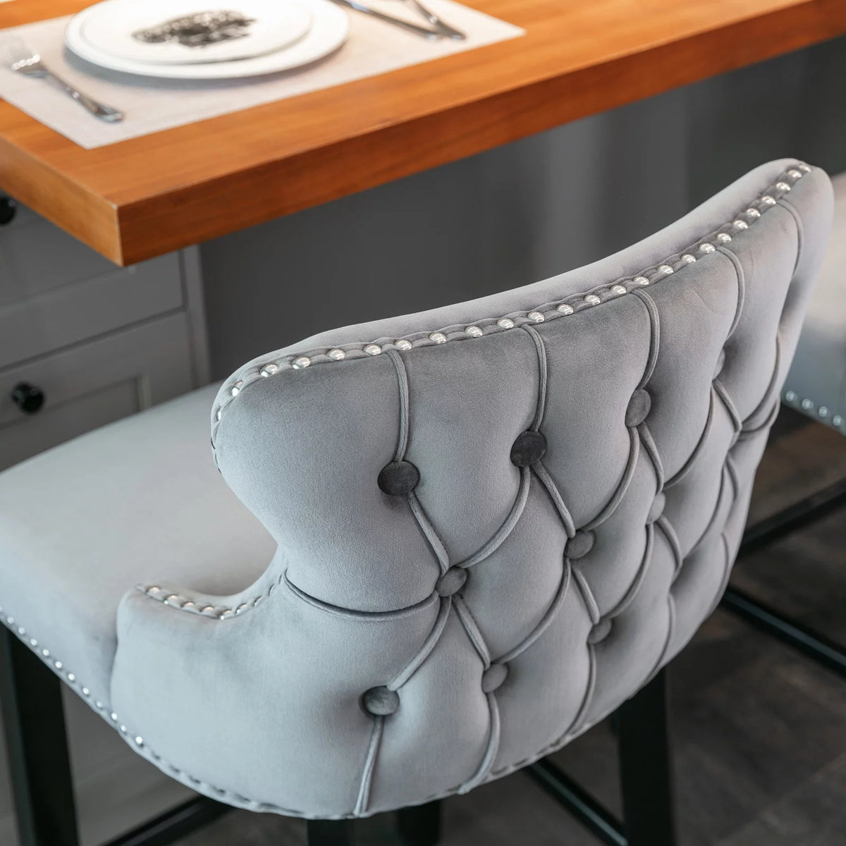 Set of 6 Grey Velvet Upholstered Bar Stools B24607