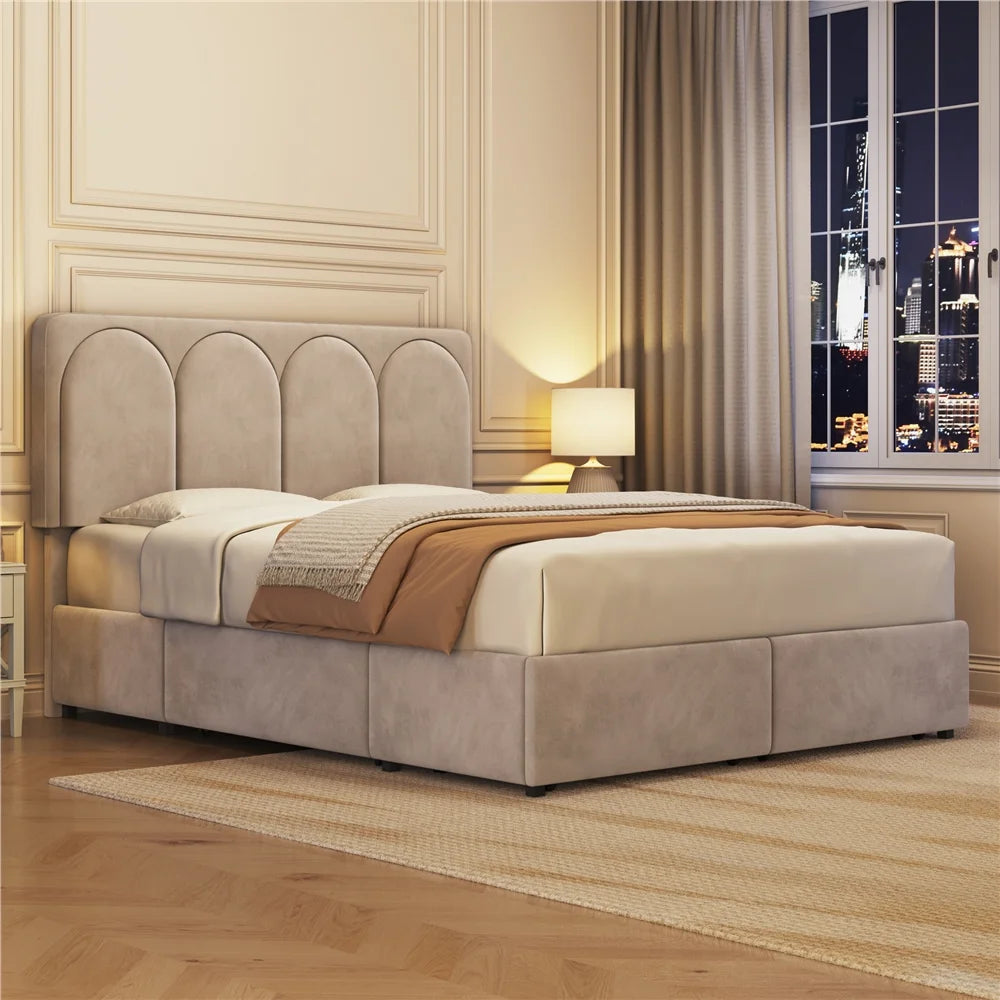 Queen Dark Gray Upholstered Bed with 4 Storage Drawers T134
