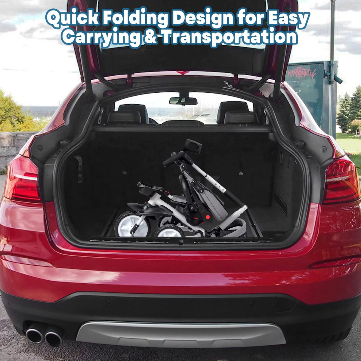 Folding Toddler Tricycle with Adjustable Push Handle, Harness, Canopy and Storage J804741