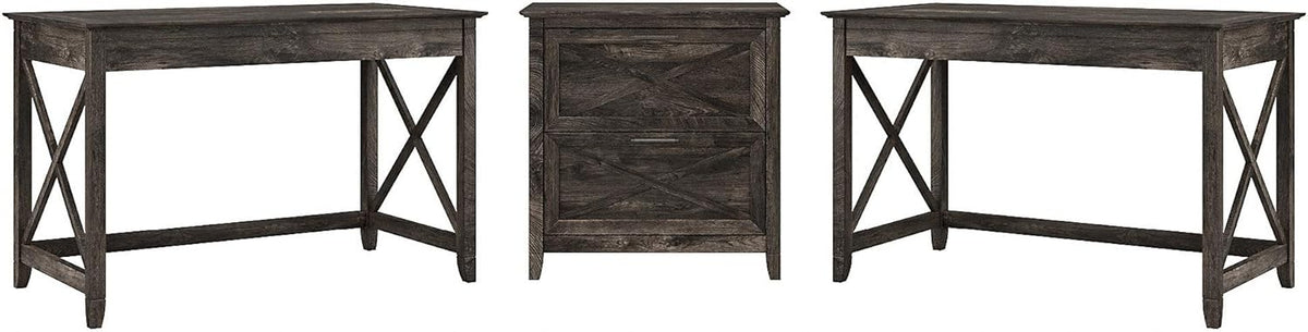 Reclaimed Pine 2 Person Desk Set with Lateral File Cabinet W762