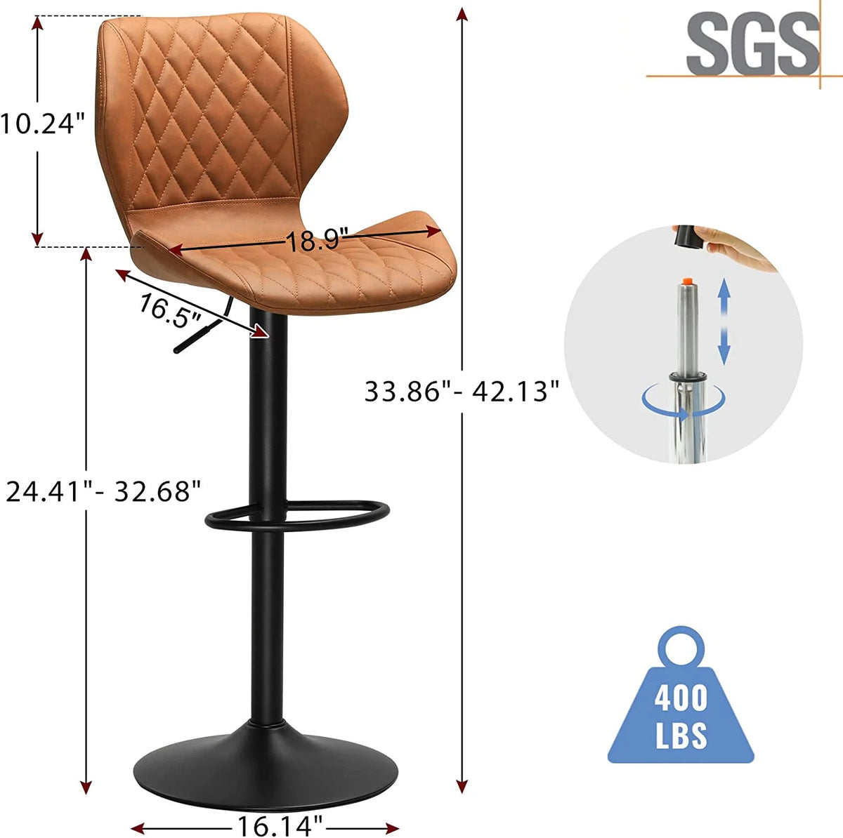 Set of 2 PU Leather Bar Stools Height Adjustable Bar Chairs Brown K8591