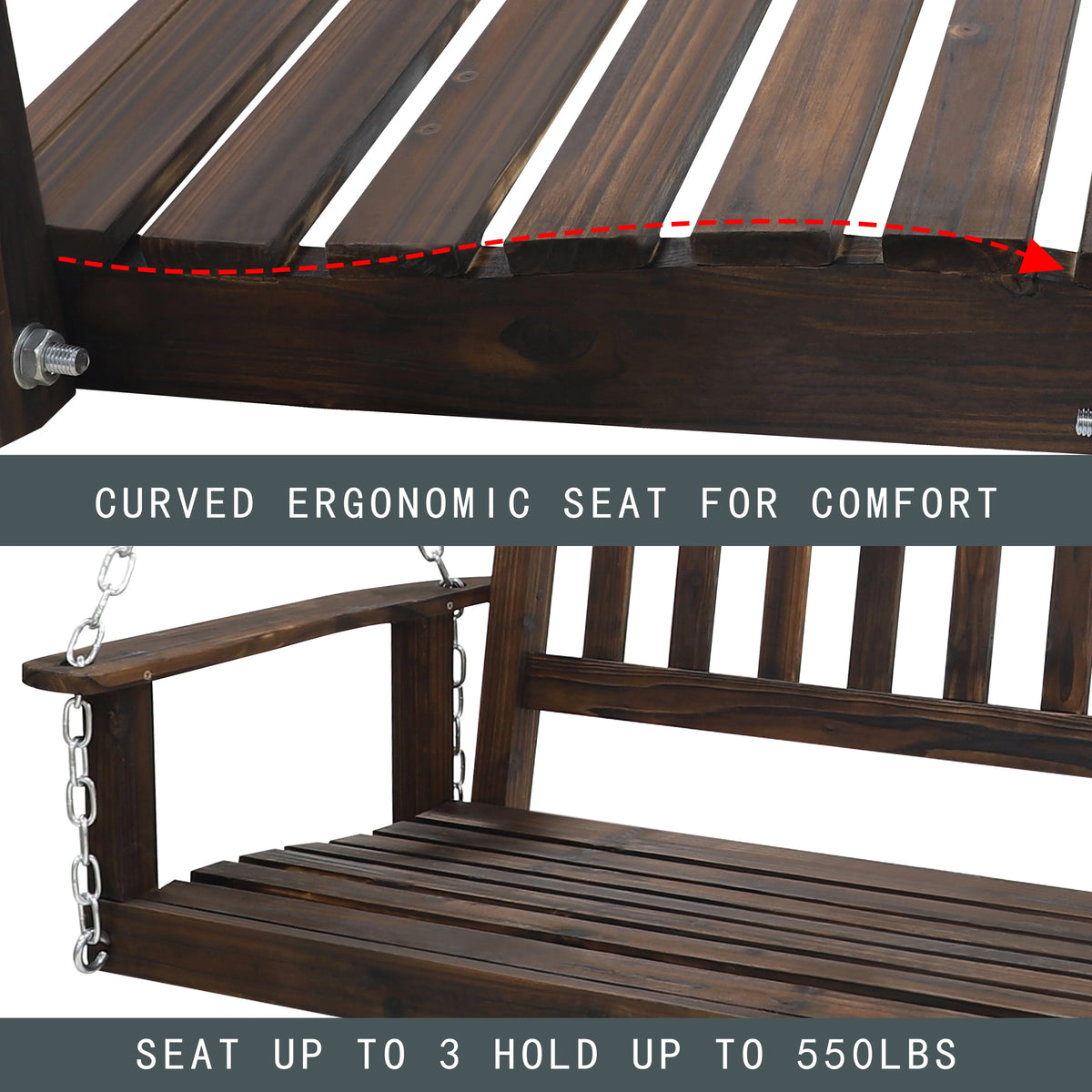 Wooden Porch Swing 4ft with Chains 2-person Swing Bench N47805