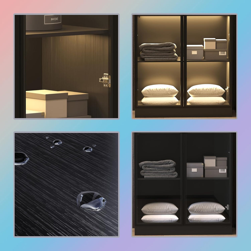 Black 4-Tier Display Cabinet with Glass Doors & Lights E73526