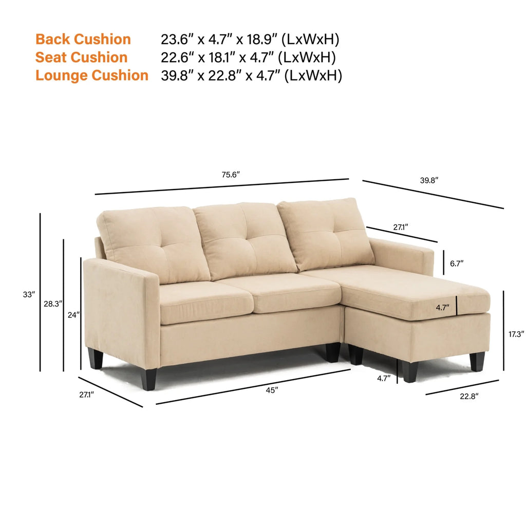 75" Gray Fabric Sofa and Chaise Convertible to Ottoman G1702