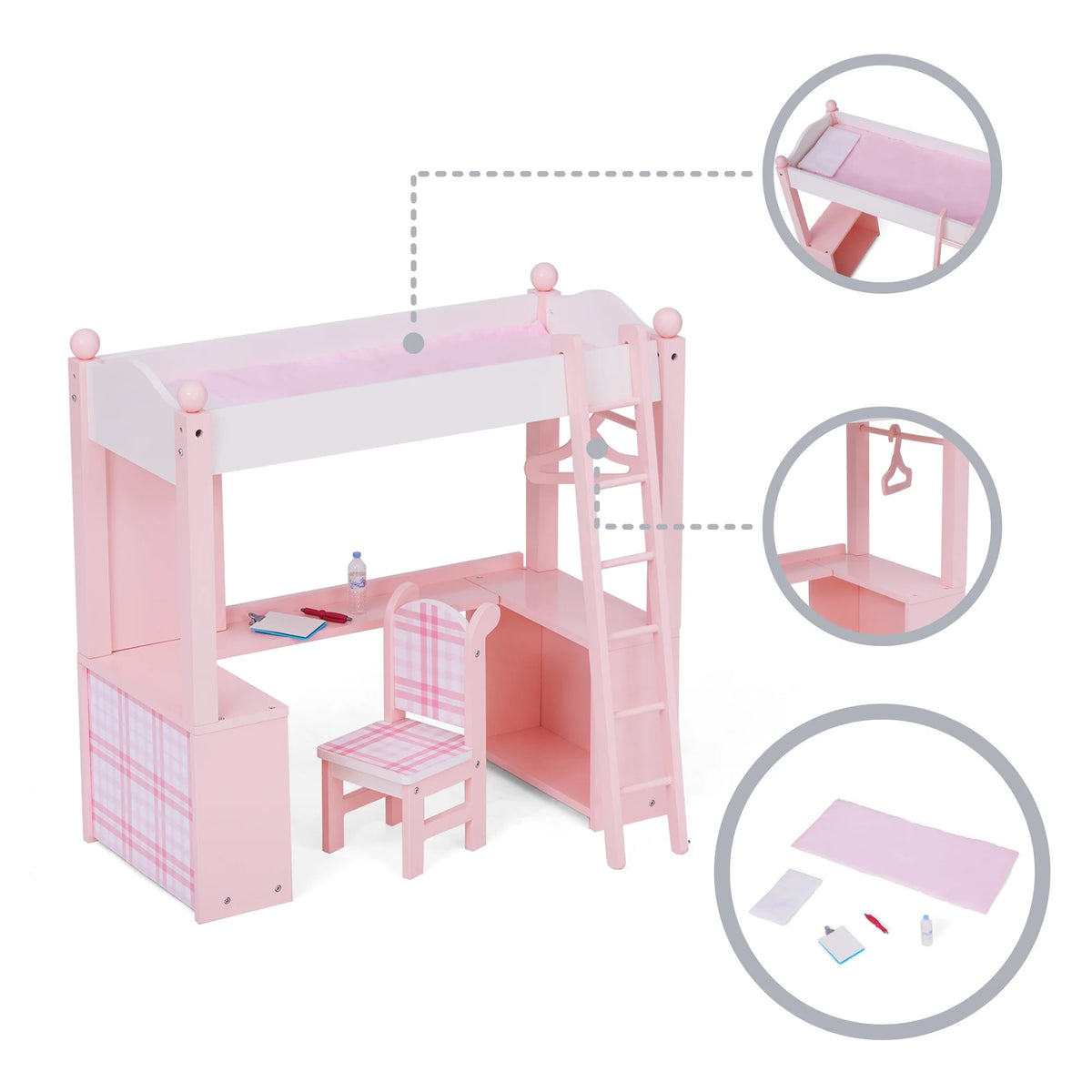 Pink Loft Bed, Desk, Chair, & Accessories for 18" Dolls O646