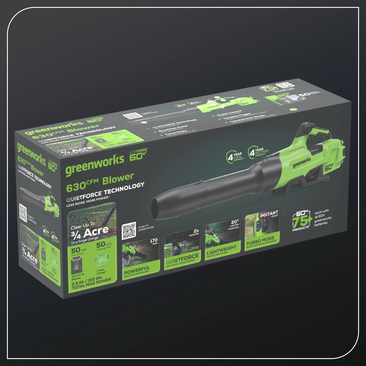 60V 630 CFM 170 MPH Leaf Blower with 2.5 Ah Battery & 3 Amp Charger Q1795